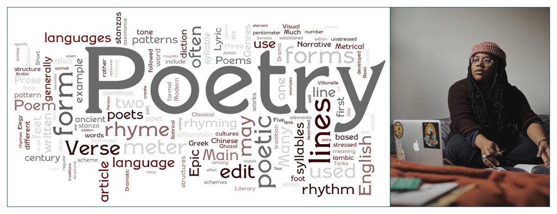 A photograph of Philly Poert Laureate Kai Davis, attached to a wordcloud of words related to poetry.